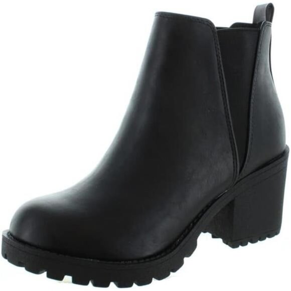 Women's Lug Sole Chelsea Bootie | Stylish Chelsea Combat Heel, Black - Picture 3 of 6